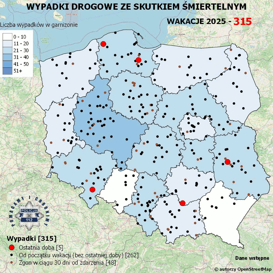 Mapa prezentująca liczbę wypadków poprzedniej doby w Polsce. Prezentowane dane są dostępne w tekście poniżej.