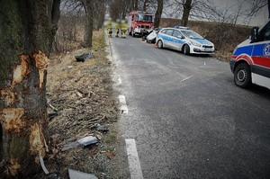 Zdjęcia z miejsca zdarzenia przedstawiające radiowóz podczas zabezpieczenia miejsca , samochód biorący udział w zdarzeniu drogowym
